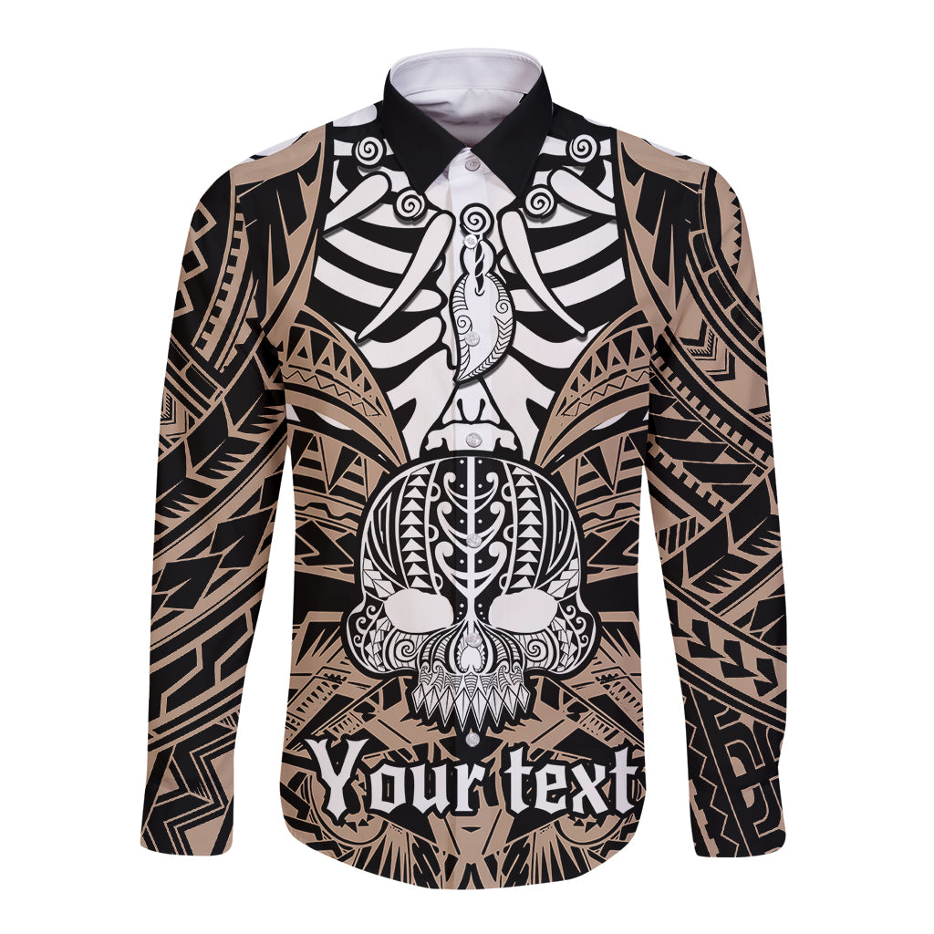 Personalised Polynesia Skull Long Sleeve Button Shirt With Boars Tusk Gold Arty Vibe LT9 Unisex Gold - Polynesian Pride