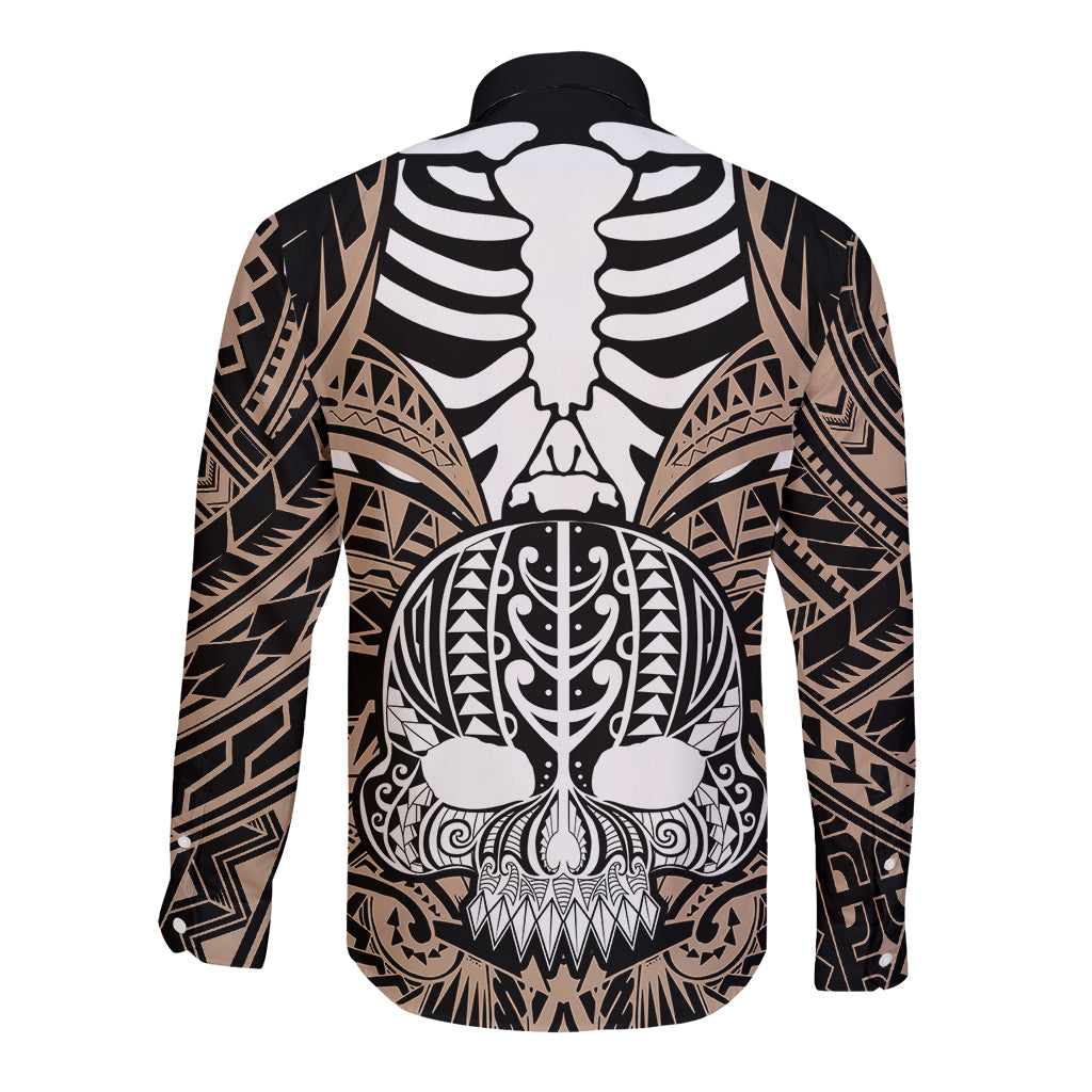 Personalised Polynesia Skull Long Sleeve Button Shirt With Boars Tusk Gold Arty Vibe LT9 - Polynesian Pride
