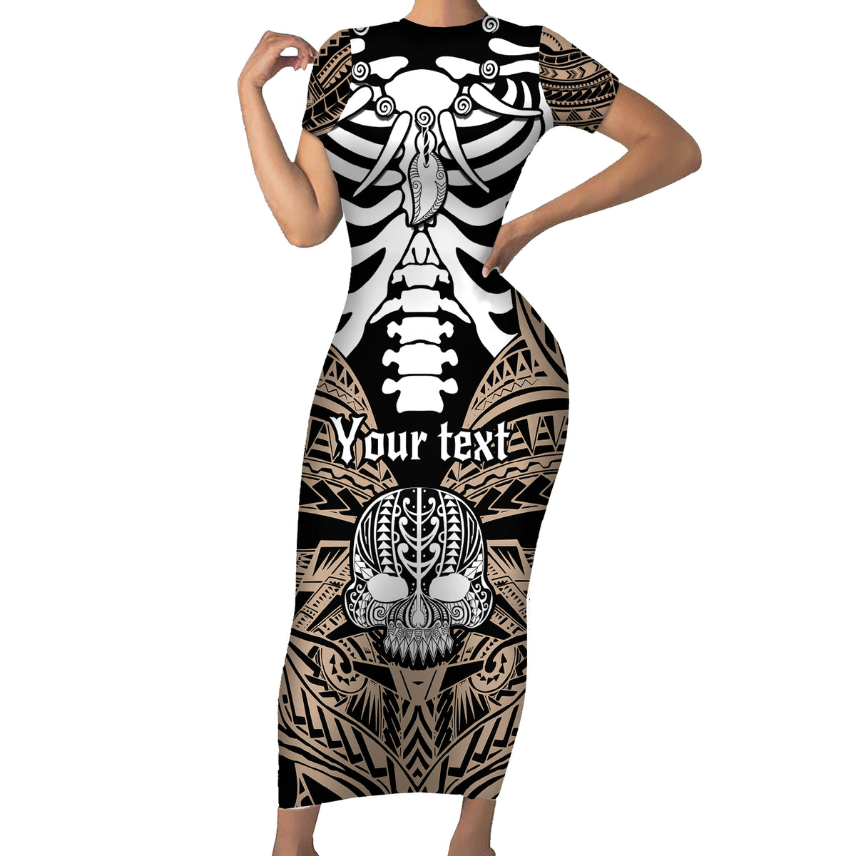 Personalised Polynesia Skull Short Sleeve Bodycon Dress With Boars Tusk Gold Arty Vibe LT9 Long Dress Gold - Polynesian Pride