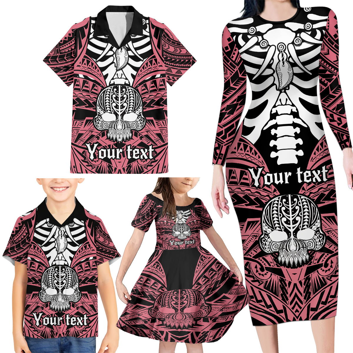 personalised-polynesia-skull-family-matching-long-sleeve-bodycon-dress-and-hawaiian-shirt-with-boars-tusk-pink-arty-vibe