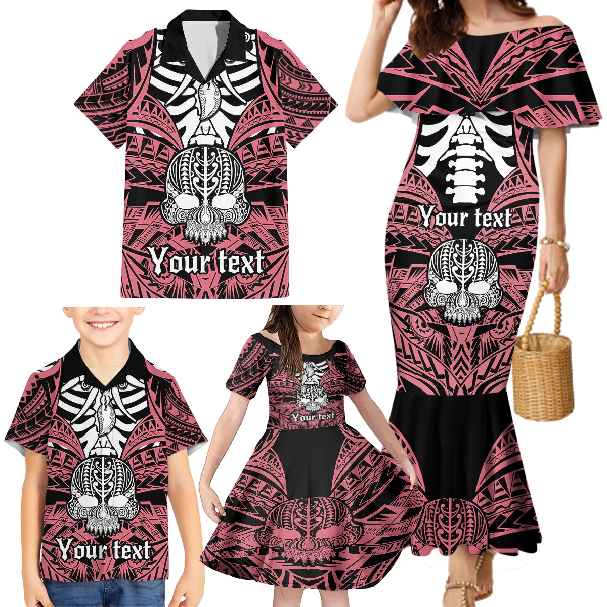 personalised-polynesia-skull-family-matching-mermaid-dress-and-hawaiian-shirt-with-boars-tusk-pink-arty-vibe