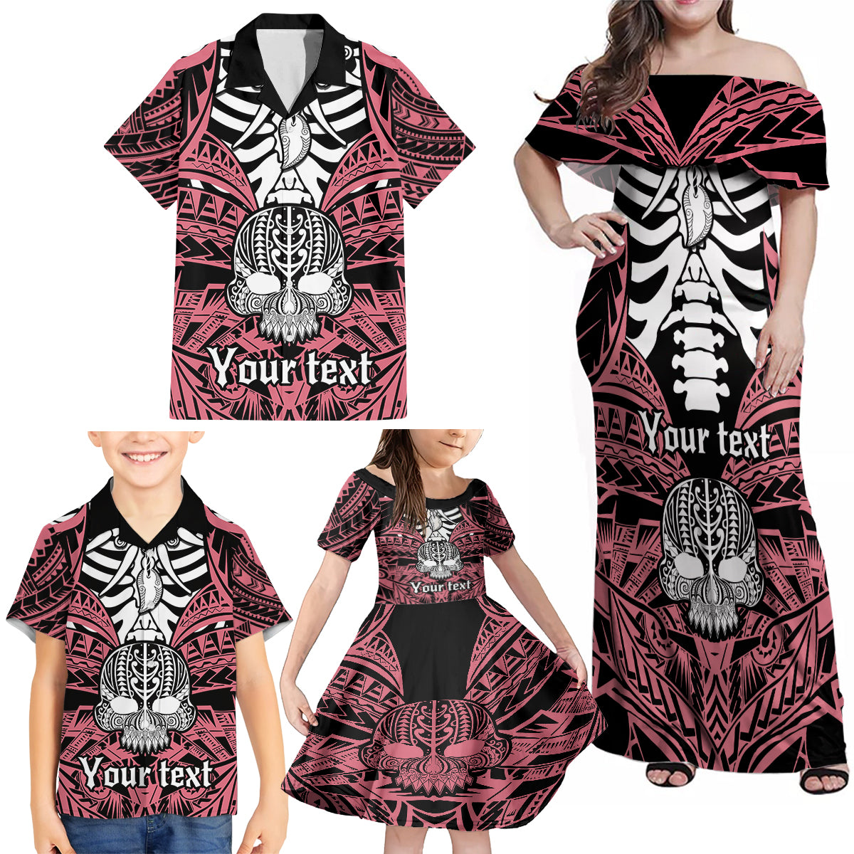 personalised-polynesia-skull-family-matching-off-shoulder-maxi-dress-and-hawaiian-shirt-with-boars-tusk-pink-arty-vibe