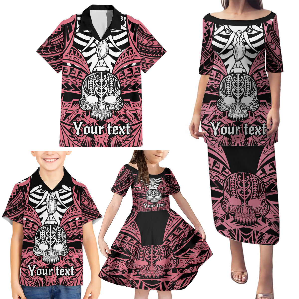 Personalised Polynesia Skull Family Matching Puletasi Dress and Hawaiian Shirt With Boars Tusk Pink Arty Vibe LT9 - Polynesian Pride