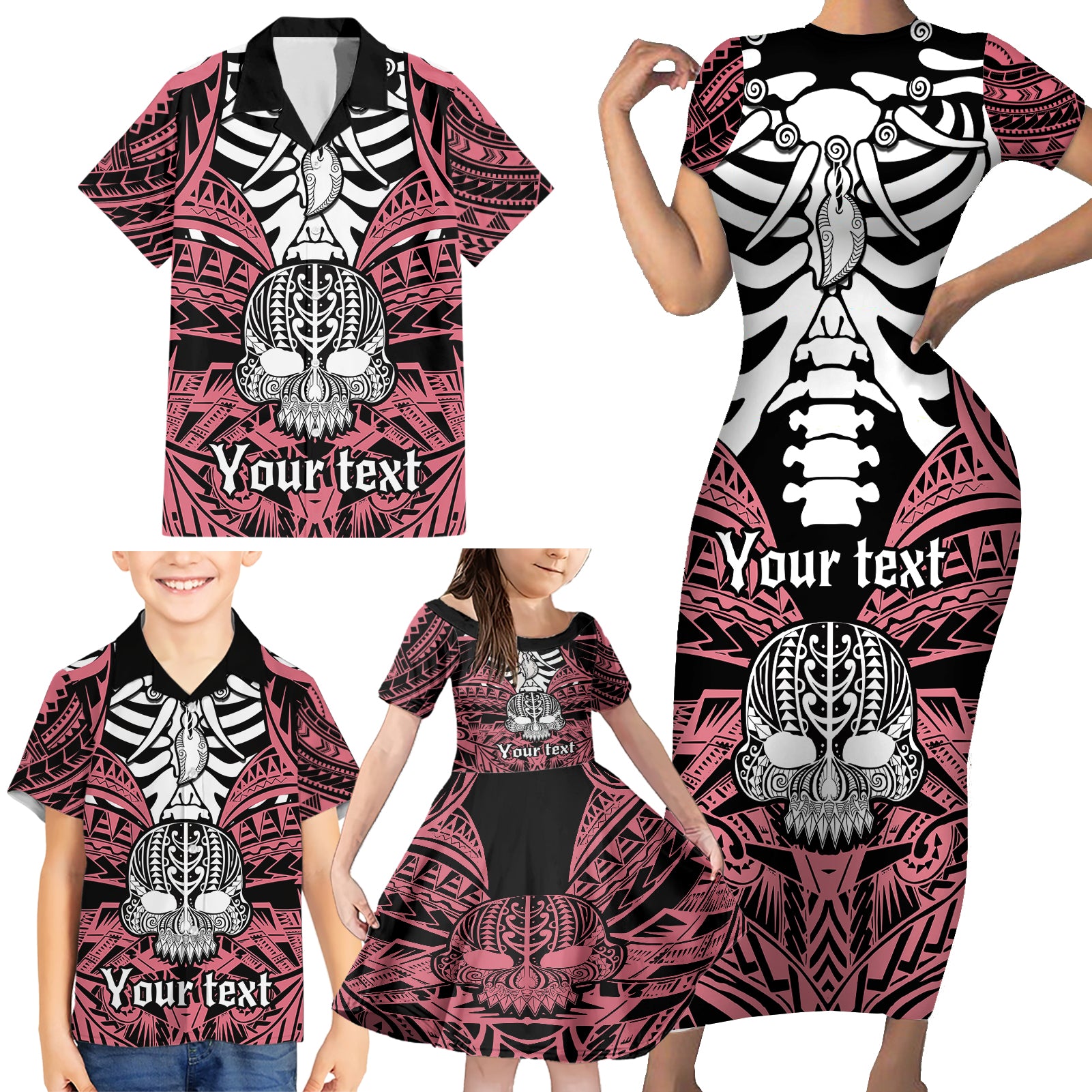 personalised-polynesia-skull-family-matching-short-sleeve-bodycon-dress-and-hawaiian-shirt-with-boars-tusk-pink-arty-vibe