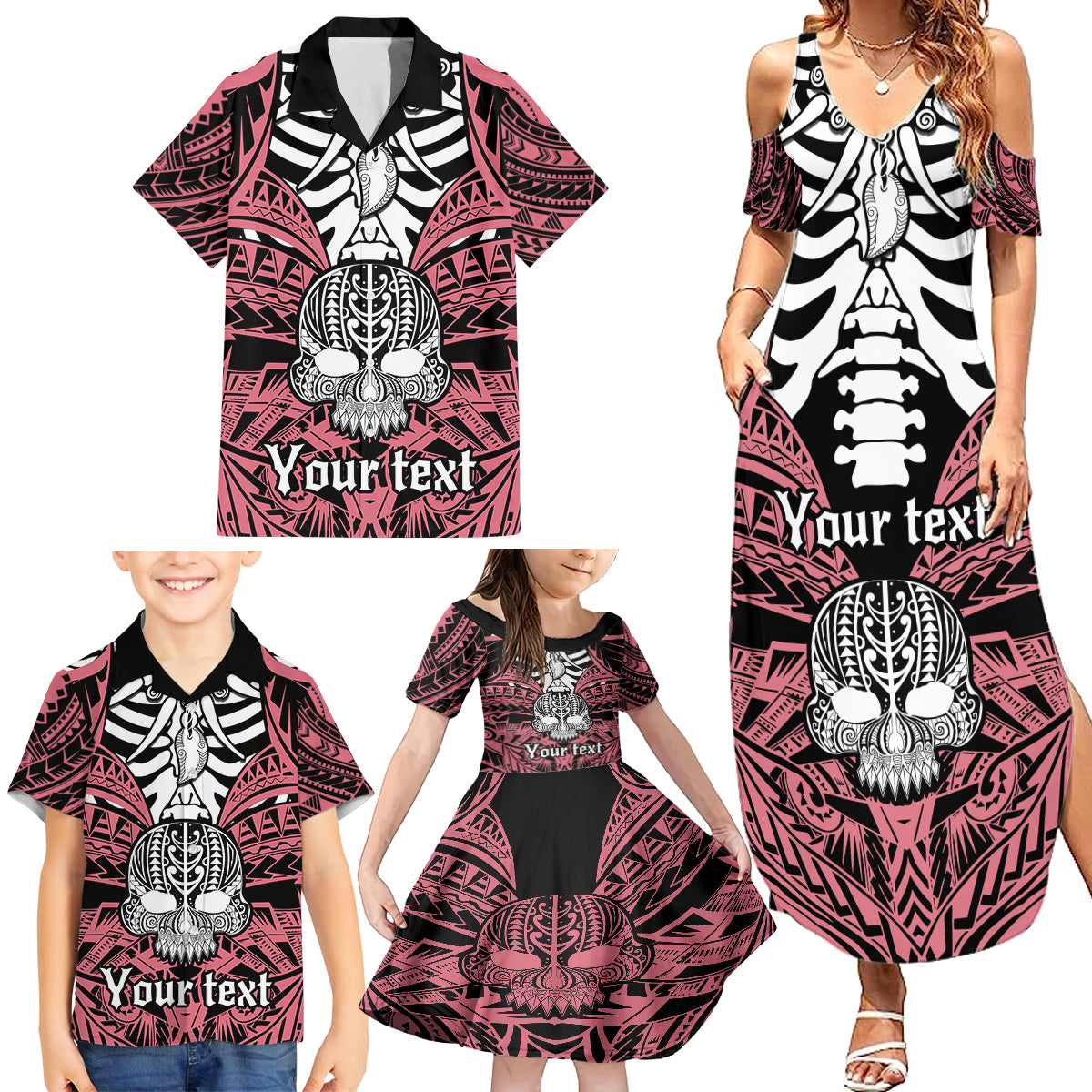 personalised-polynesia-skull-family-matching-summer-maxi-dress-and-hawaiian-shirt-with-boars-tusk-pink-arty-vibe