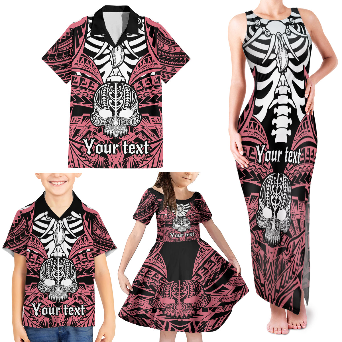 personalised-polynesia-skull-family-matching-tank-maxi-dress-and-hawaiian-shirt-with-boars-tusk-pink-arty-vibe