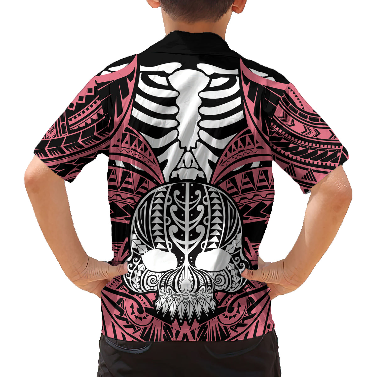 Personalised Polynesia Skull Kid Hawaiian Shirt With Boars Tusk Pink Arty Vibe LT9 - Polynesian Pride