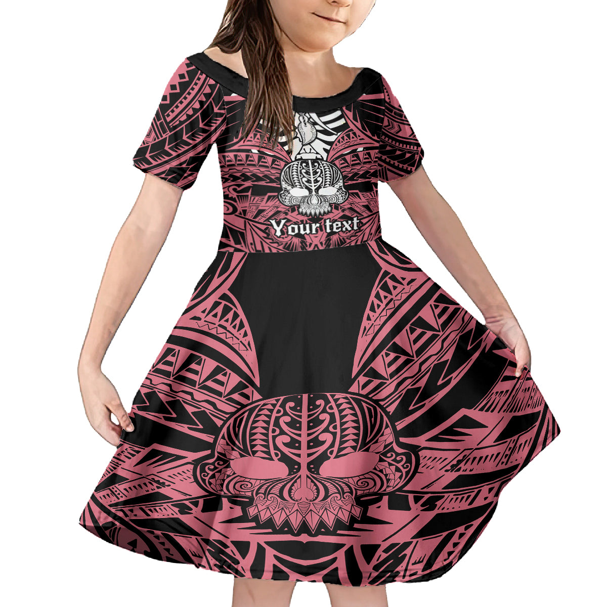 Personalised Polynesia Skull Kid Short Sleeve Dress With Boars Tusk Pink Arty Vibe LT9 KID Pink - Polynesian Pride