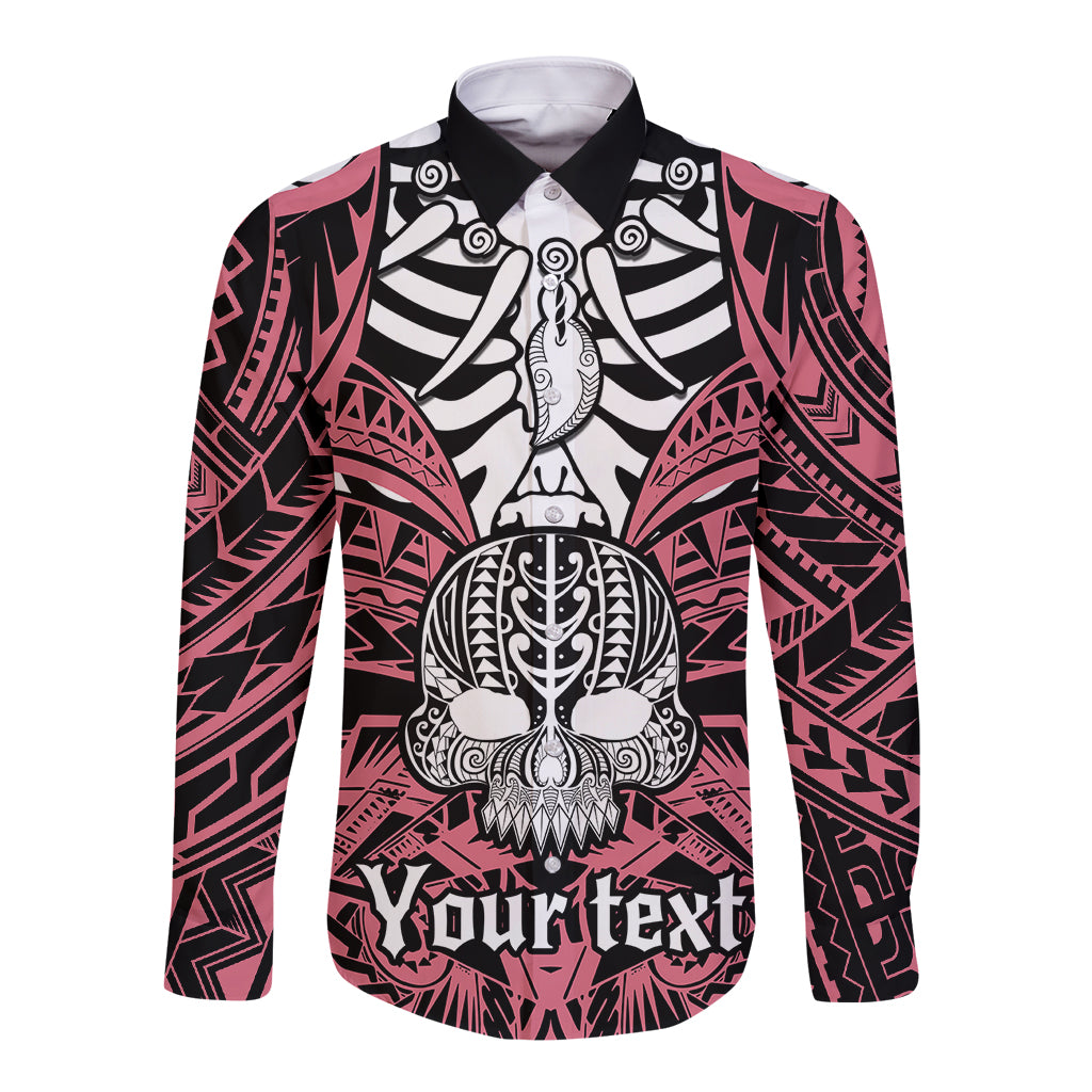 Personalised Polynesia Skull Long Sleeve Button Shirt With Boars Tusk Pink Arty Vibe LT9 Unisex Pink - Polynesian Pride