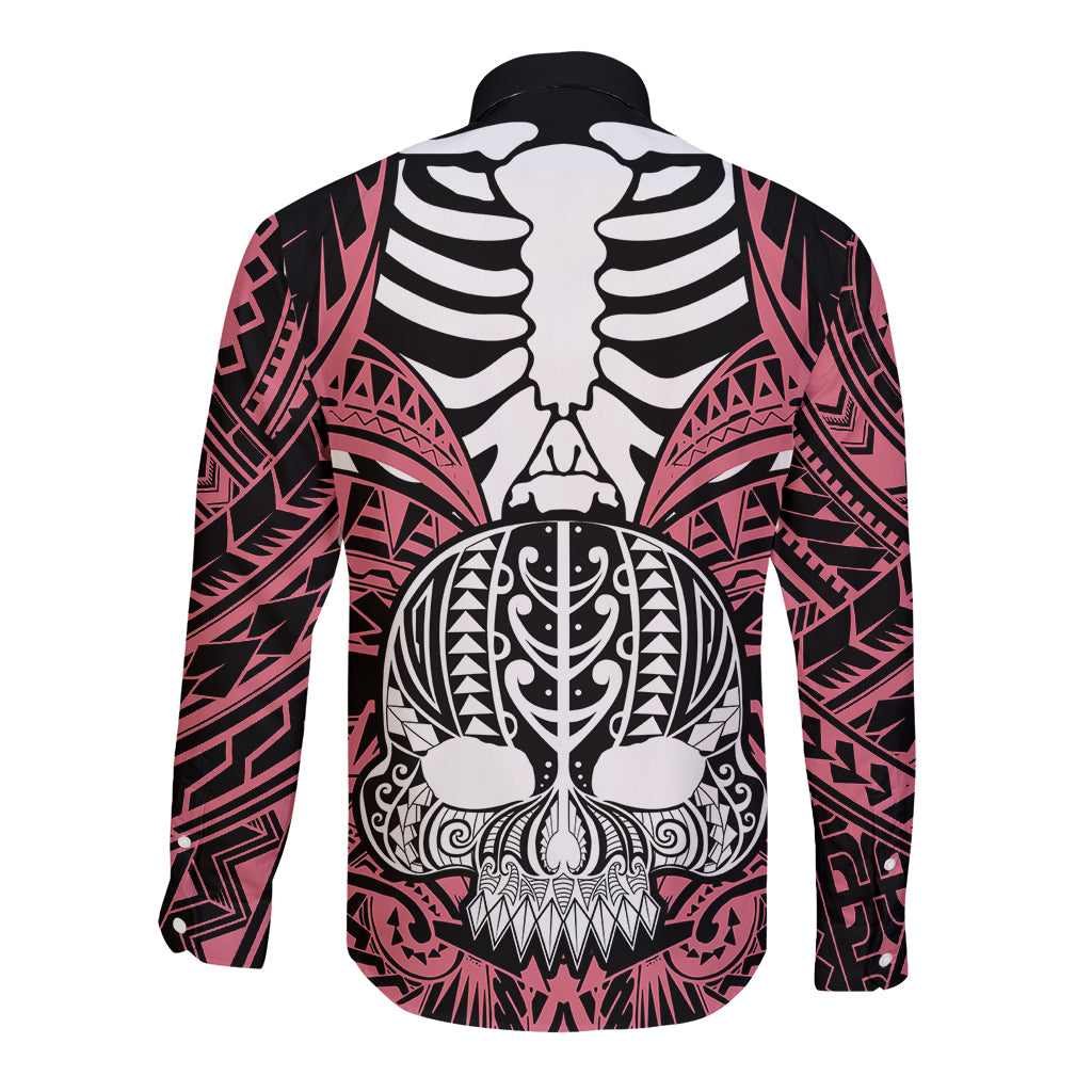 Personalised Polynesia Skull Long Sleeve Button Shirt With Boars Tusk Pink Arty Vibe LT9 - Polynesian Pride