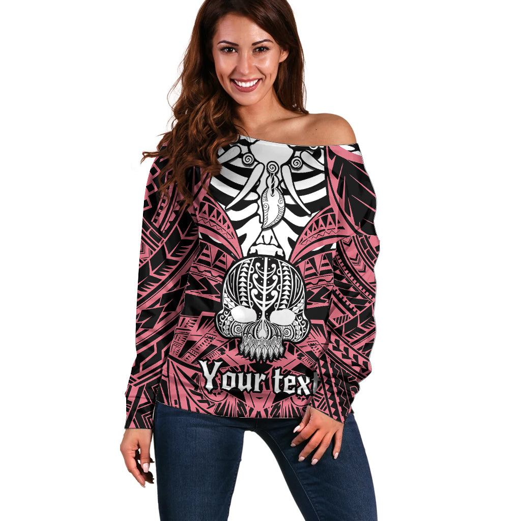 Personalised Polynesia Skull Off Shoulder Sweater With Boars Tusk Pink Arty Vibe LT9 Women Pink - Polynesian Pride