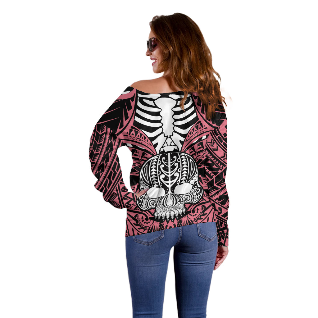Personalised Polynesia Skull Off Shoulder Sweater With Boars Tusk Pink Arty Vibe LT9 - Polynesian Pride