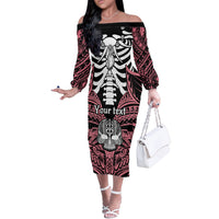 Personalised Polynesia Skull Off The Shoulder Long Sleeve Dress With Boars Tusk Pink Arty Vibe LT9 Women Pink - Polynesian Pride