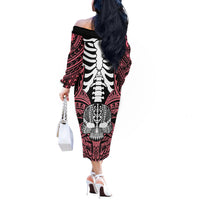 Personalised Polynesia Skull Off The Shoulder Long Sleeve Dress With Boars Tusk Pink Arty Vibe LT9 - Polynesian Pride