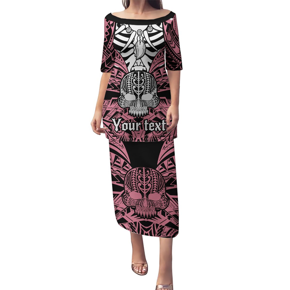 Personalised Polynesia Skull Puletasi With Boars Tusk Pink Arty Vibe LT9 Long Dress Pink - Polynesian Pride