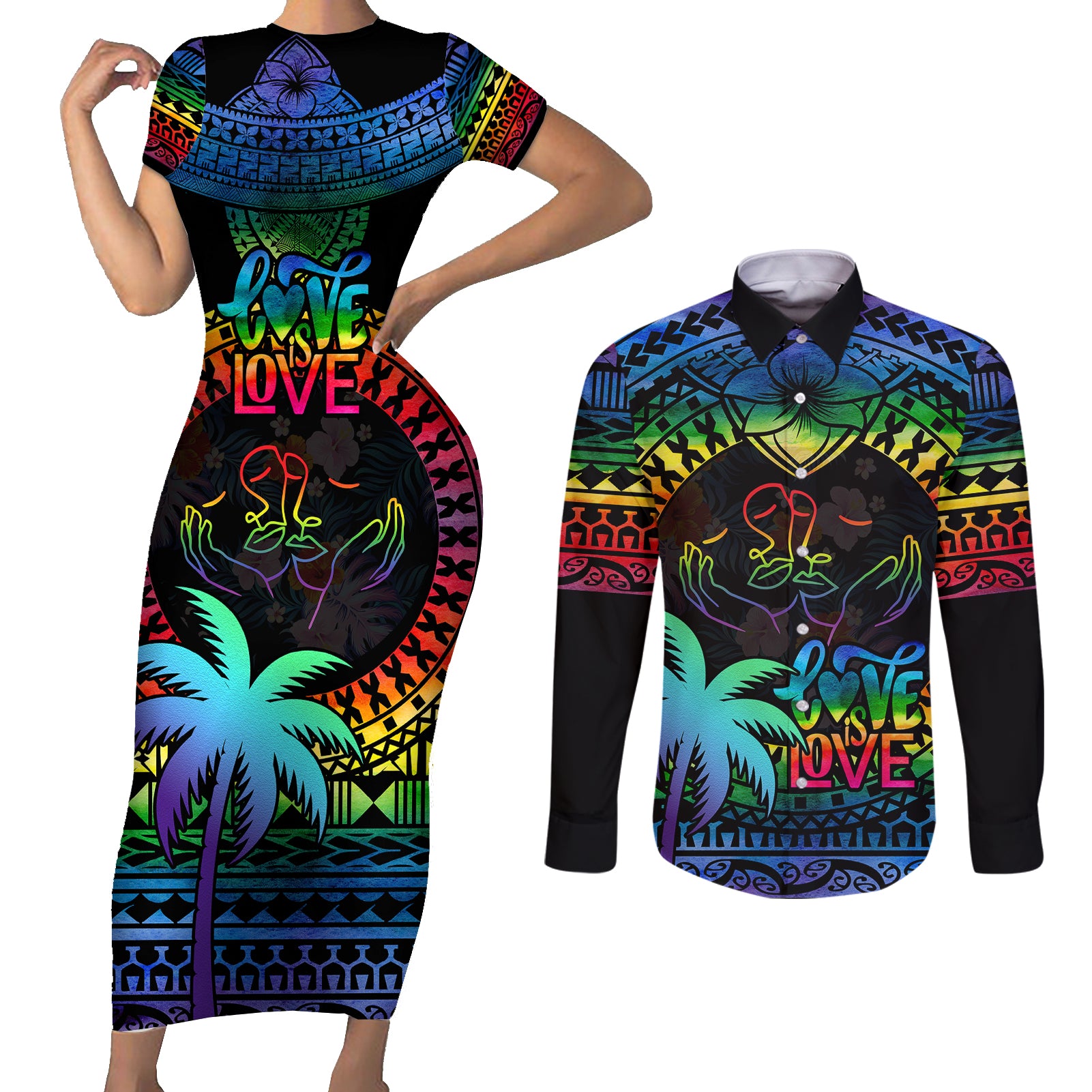 fiji-lgbt-couples-matching-short-sleeve-bodycon-dress-and-long-sleeve-button-shirts-love-is-love-tapa-pattern-rainbow-water-color