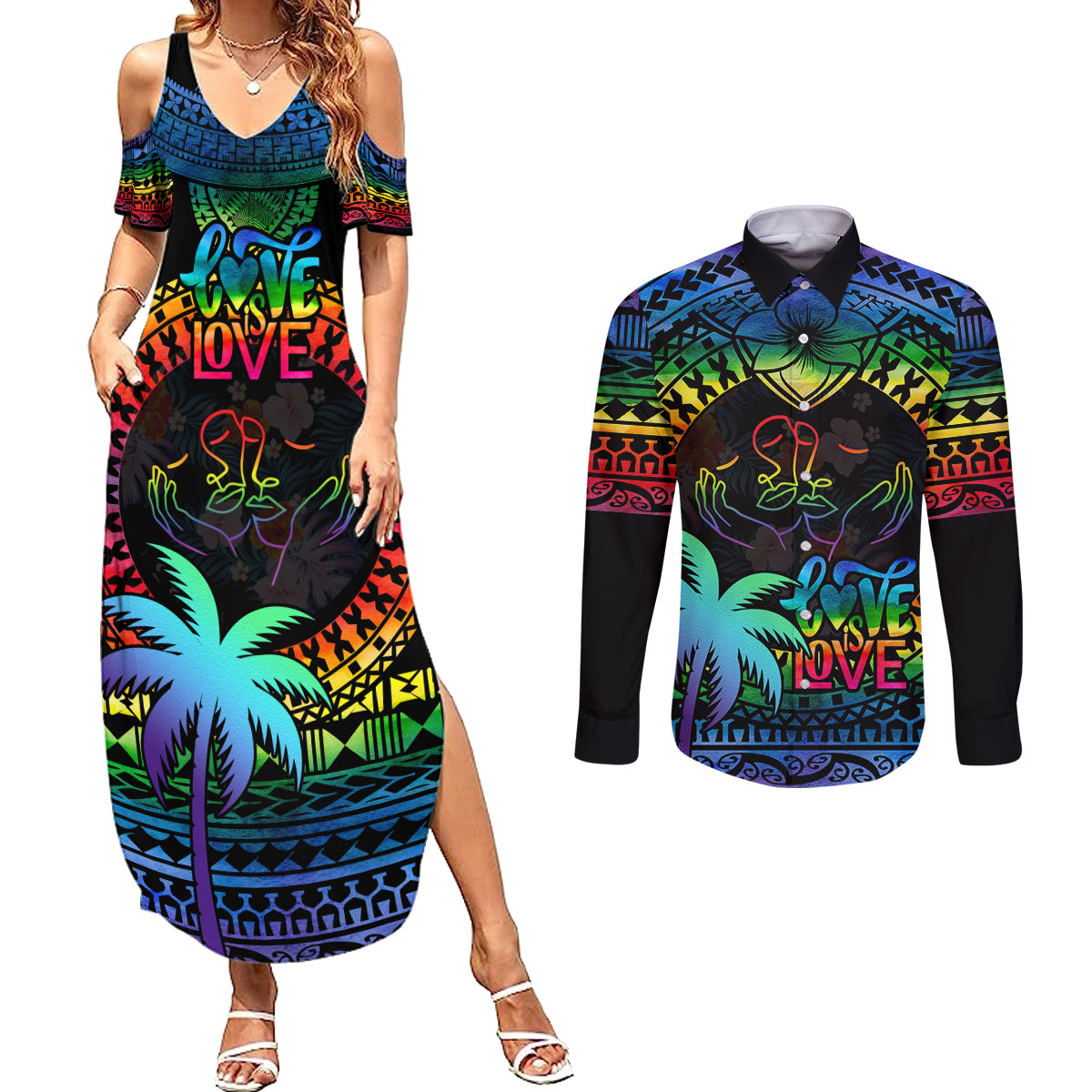 fiji-lgbt-couples-matching-summer-maxi-dress-and-long-sleeve-button-shirts-love-is-love-tapa-pattern-rainbow-water-color