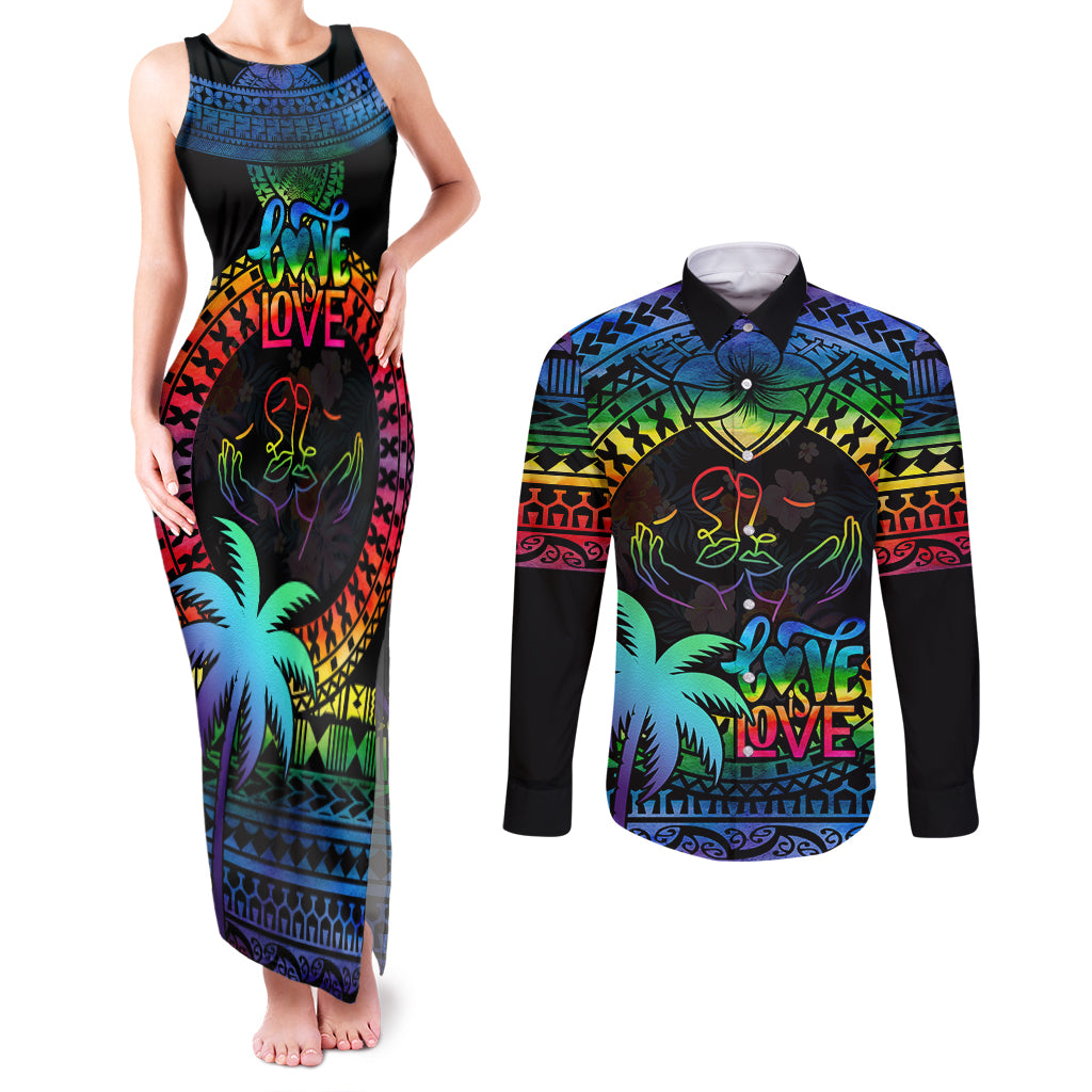 fiji-lgbt-couples-matching-tank-maxi-dress-and-long-sleeve-button-shirts-love-is-love-tapa-pattern-rainbow-water-color