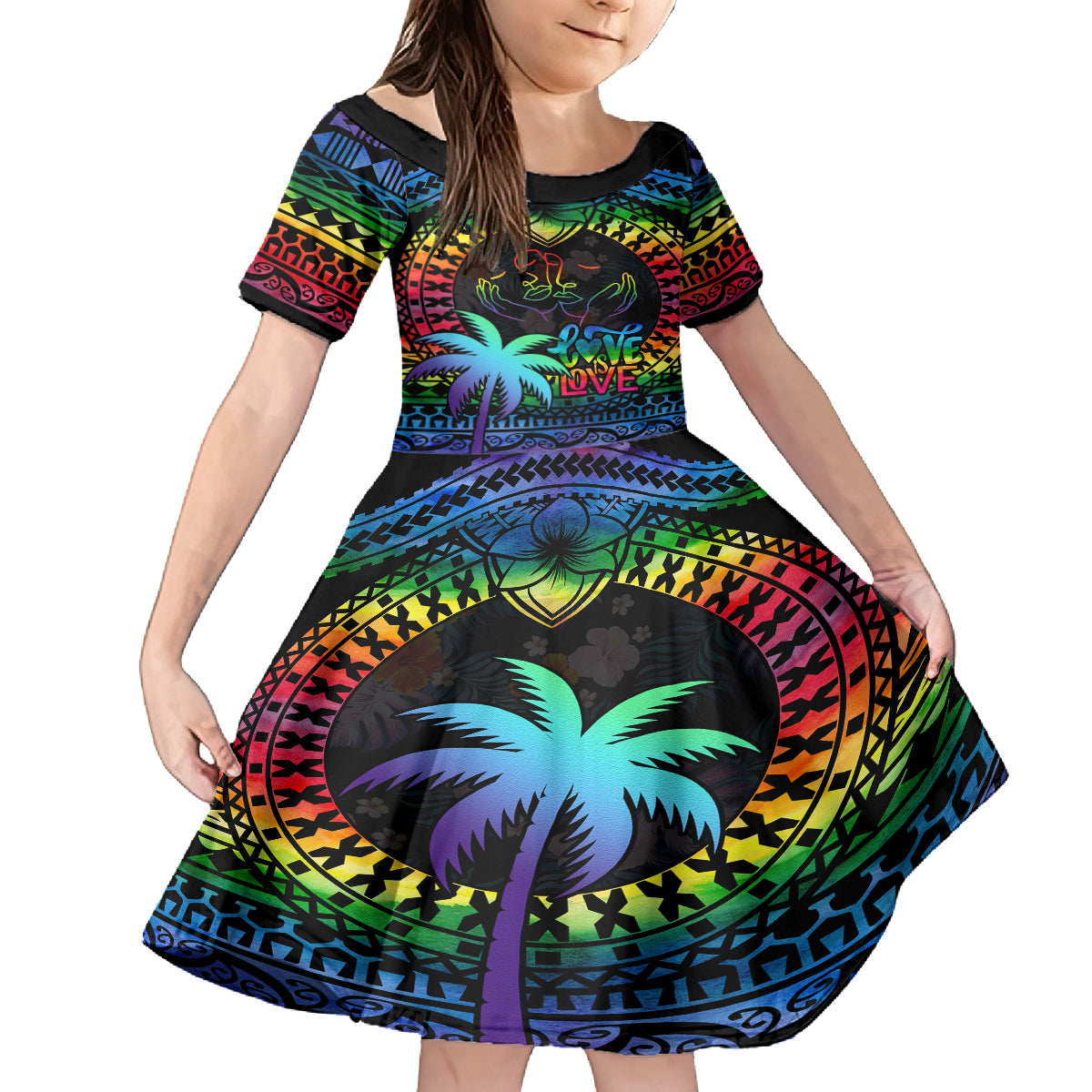 fiji-lgbt-kid-short-sleeve-dress-love-is-love-tapa-pattern-rainbow-water-color