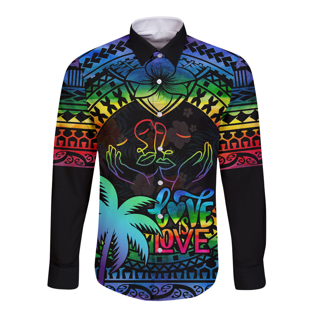 Fiji LGBT Long Sleeve Button Shirt Love Is Love Tapa Pattern Rainbow Water Color LT9 Unisex Black - Polynesian Pride