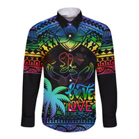 Fiji LGBT Long Sleeve Button Shirt Love Is Love Tapa Pattern Rainbow Water Color LT9 Unisex Black - Polynesian Pride
