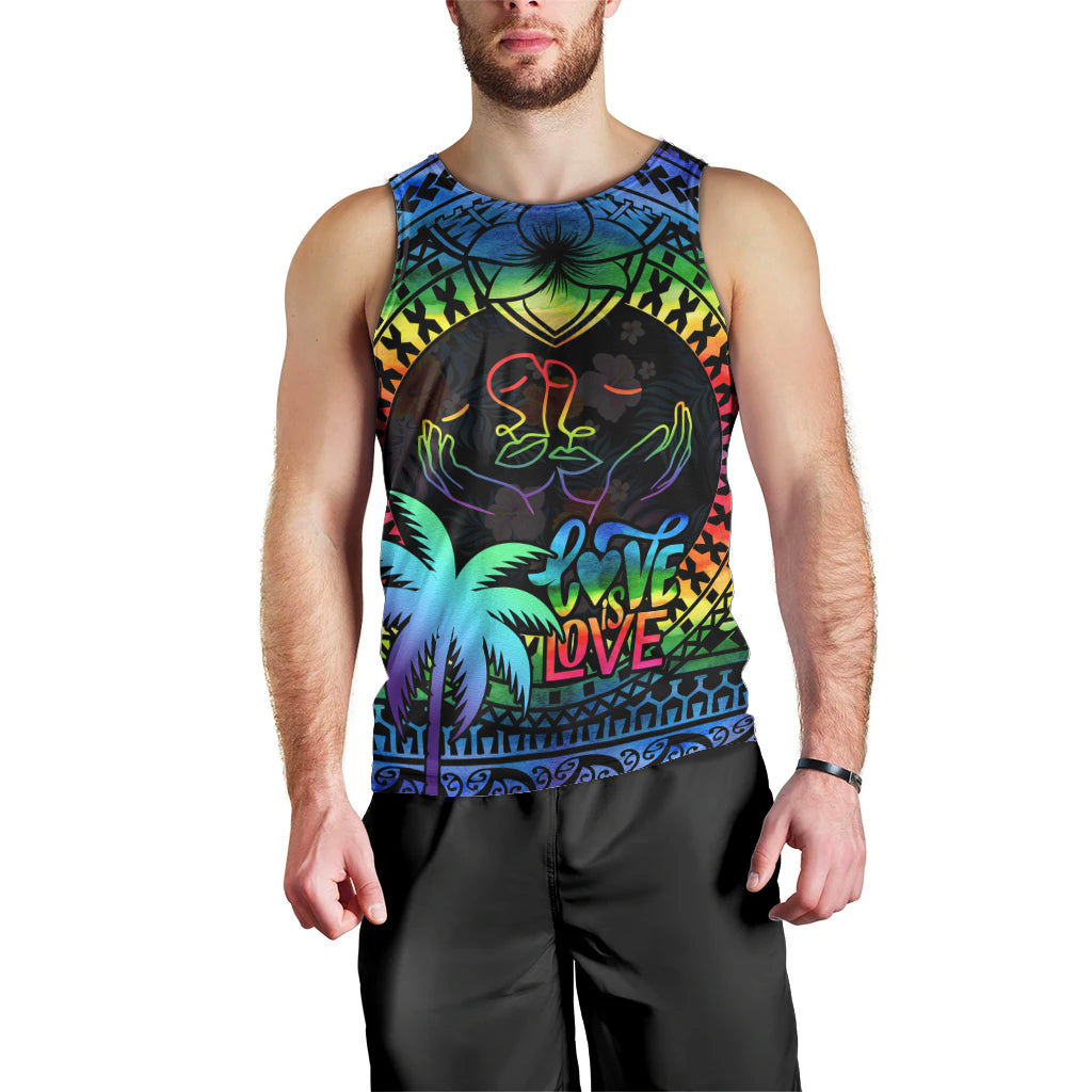 Fiji LGBT Men Tank Top Love Is Love Tapa Pattern Rainbow Water Color LT9 - Polynesian Pride