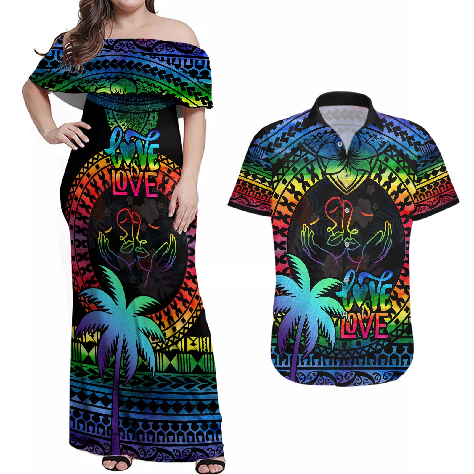 personalised-fiji-lgbt-couples-matching-off-shoulder-maxi-dress-and-hawaiian-shirt-love-is-love-tapa-pattern-rainbow-water-color