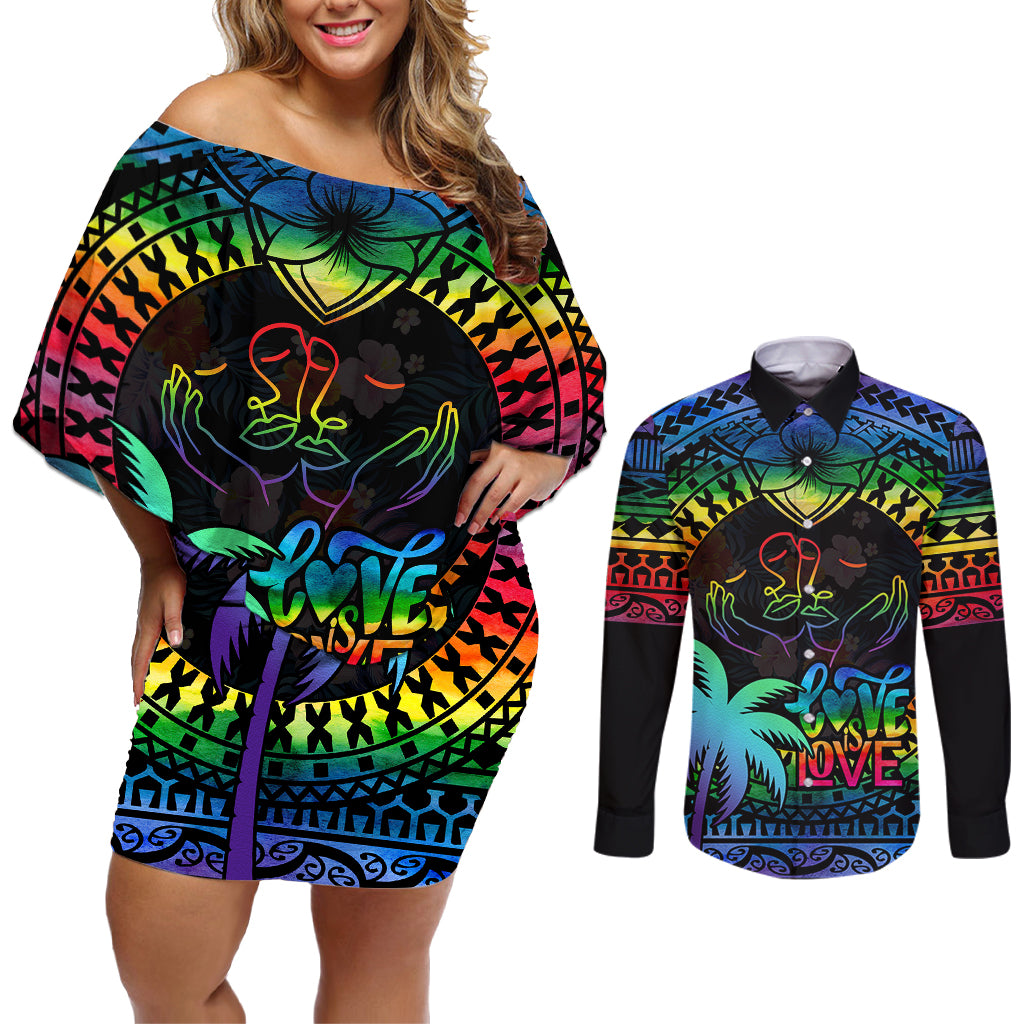 personalised-fiji-lgbt-couples-matching-off-shoulder-short-dress-and-long-sleeve-button-shirts-love-is-love-tapa-pattern-rainbow-water-color