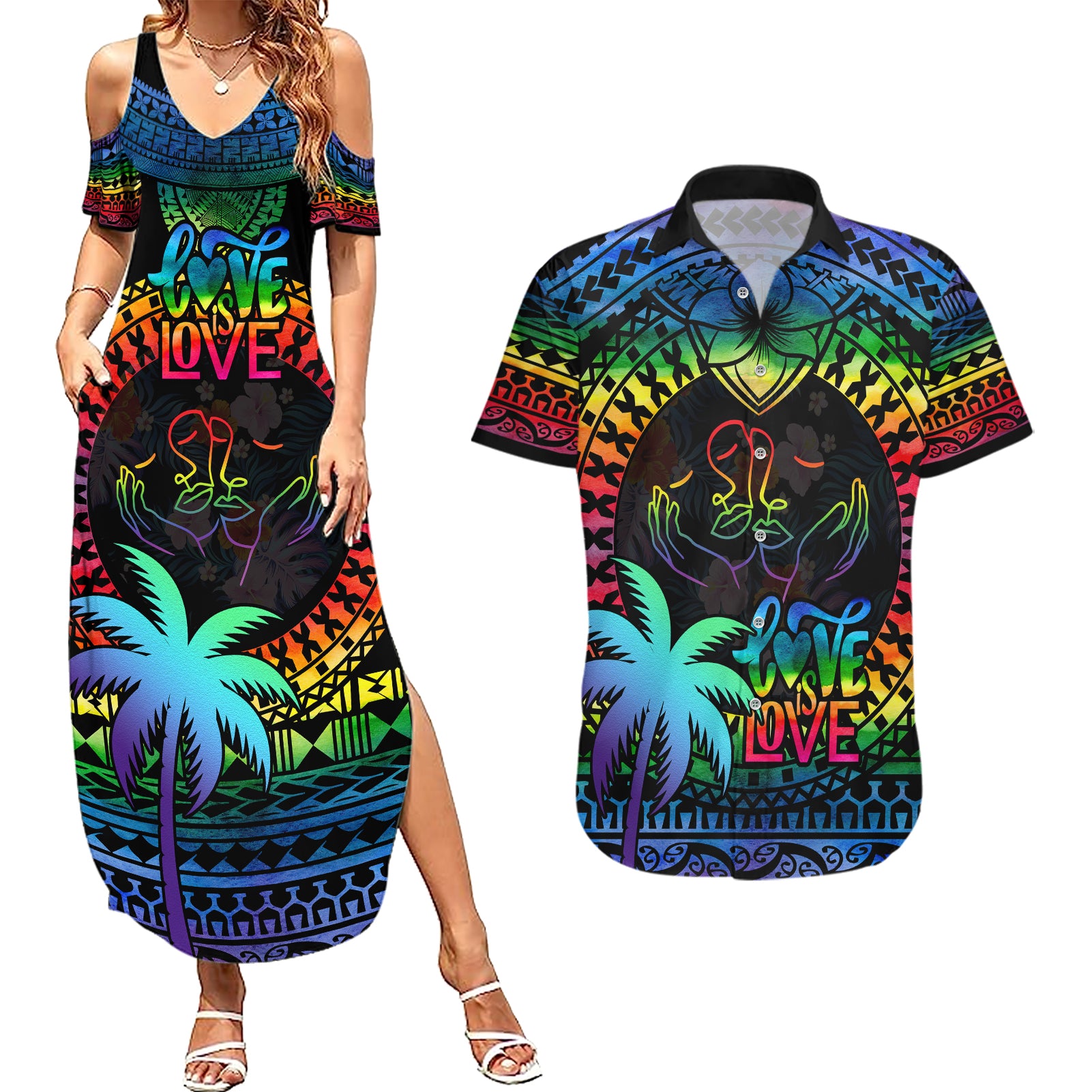 personalised-fiji-lgbt-couples-matching-summer-maxi-dress-and-hawaiian-shirt-love-is-love-tapa-pattern-rainbow-water-color