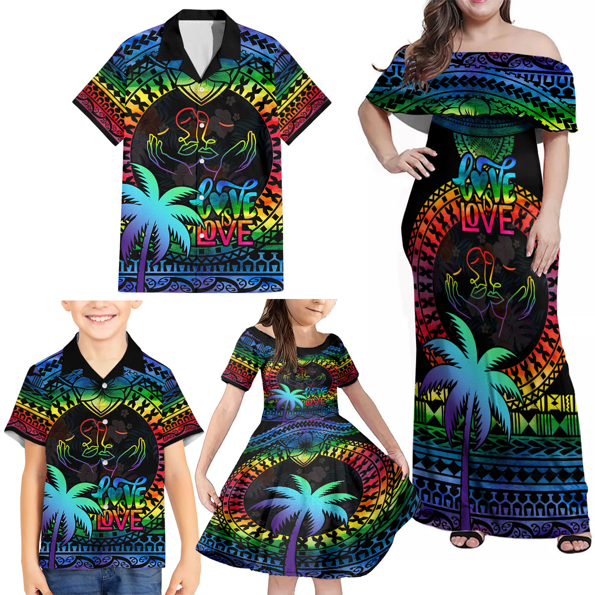 personalised-fiji-lgbt-family-matching-off-shoulder-maxi-dress-and-hawaiian-shirt-love-is-love-tapa-pattern-rainbow-water-color