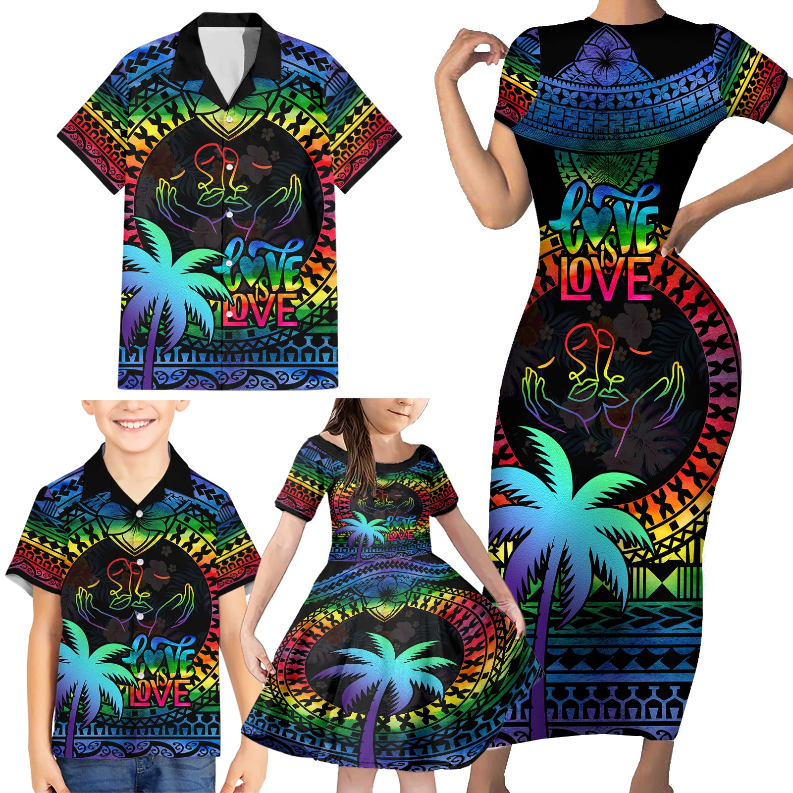 personalised-fiji-lgbt-family-matching-short-sleeve-bodycon-dress-and-hawaiian-shirt-love-is-love-tapa-pattern-rainbow-water-color