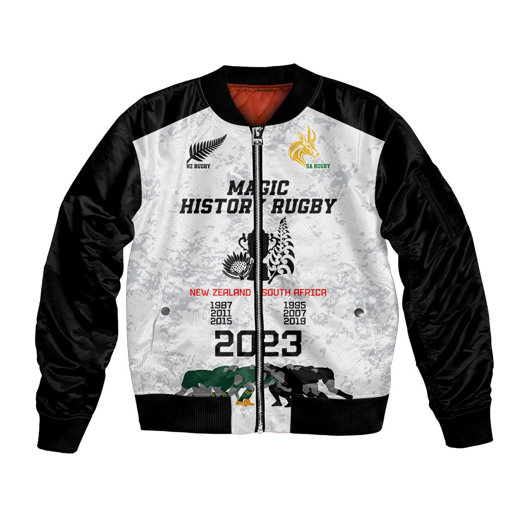 Custom New Zealand South Africa Rugby Sleeve Zip Bomber Jacket History Commemorative World Cup Winners Unique LT9 Unisex White - Polynesian Pride