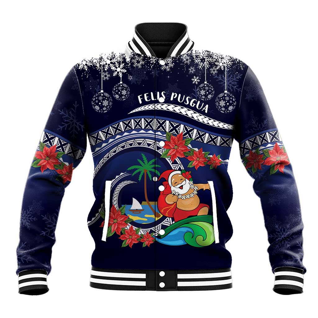 Felis Pusgua Guam Santa Baseball Jacket Merry Christmas with Polynesian Tribal LT9 Unisex Blue - Polynesian Pride