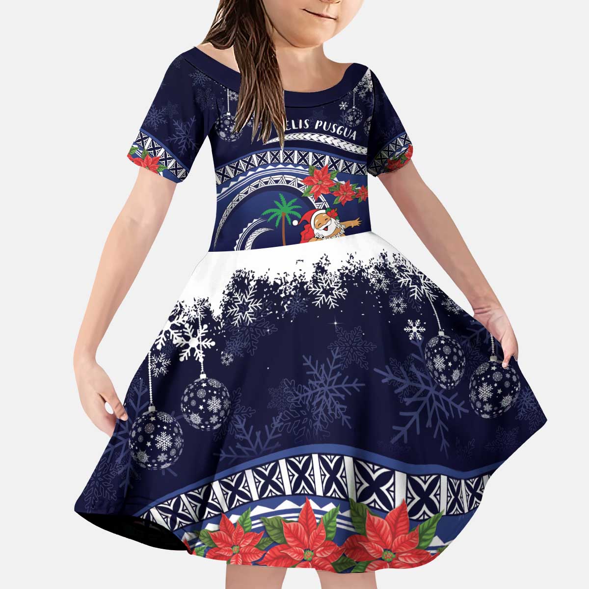 Felis Pusgua Guam Santa Kid Short Sleeve Dress Merry Christmas with Polynesian Tribal LT9 KID Blue - Polynesian Pride