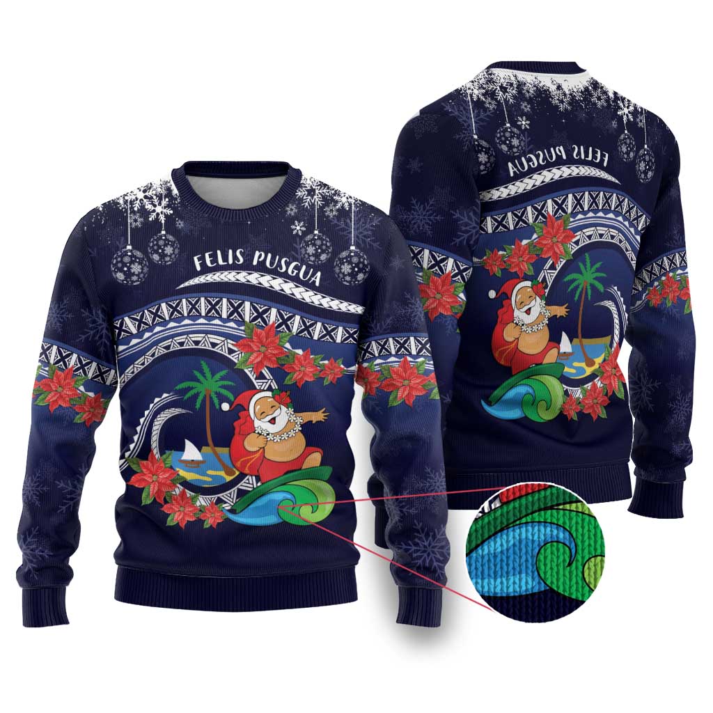Felis Pusgua Guam Santa Ugly Christmas Sweater Merry Christmas with Polynesian Tribal LT9 Blue - Polynesian Pride