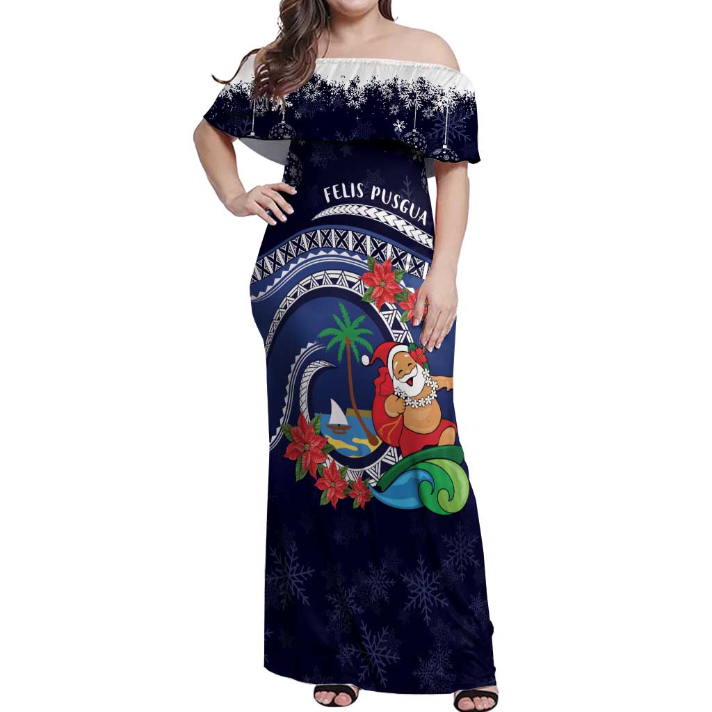 Felis Pusgua Guam Santa Off Shoulder Maxi Dress Merry Christmas with Polynesian Tribal LT9 Women Blue - Polynesian Pride