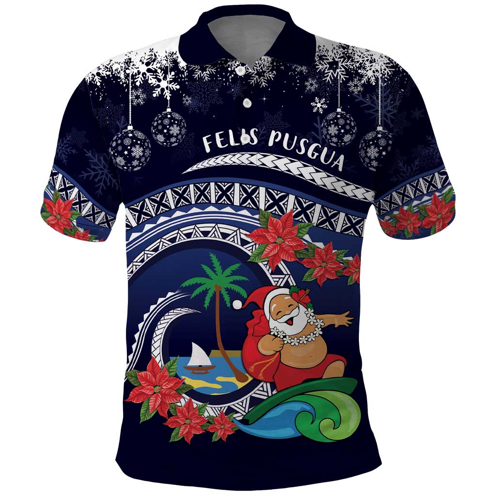 Felis Pusgua Guam Santa Polo Shirt Merry Christmas with Polynesian Tribal LT9 Blue - Polynesian Pride