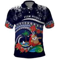 Felis Pusgua Guam Santa Polo Shirt Merry Christmas with Polynesian Tribal LT9 Blue - Polynesian Pride