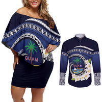 Hafai Adai Guam Guasalis Couples Matching Off Shoulder Short Dress and Long Sleeve Button Shirt Polynesian Tribal Pattern LT9 Blue - Polynesian Pride