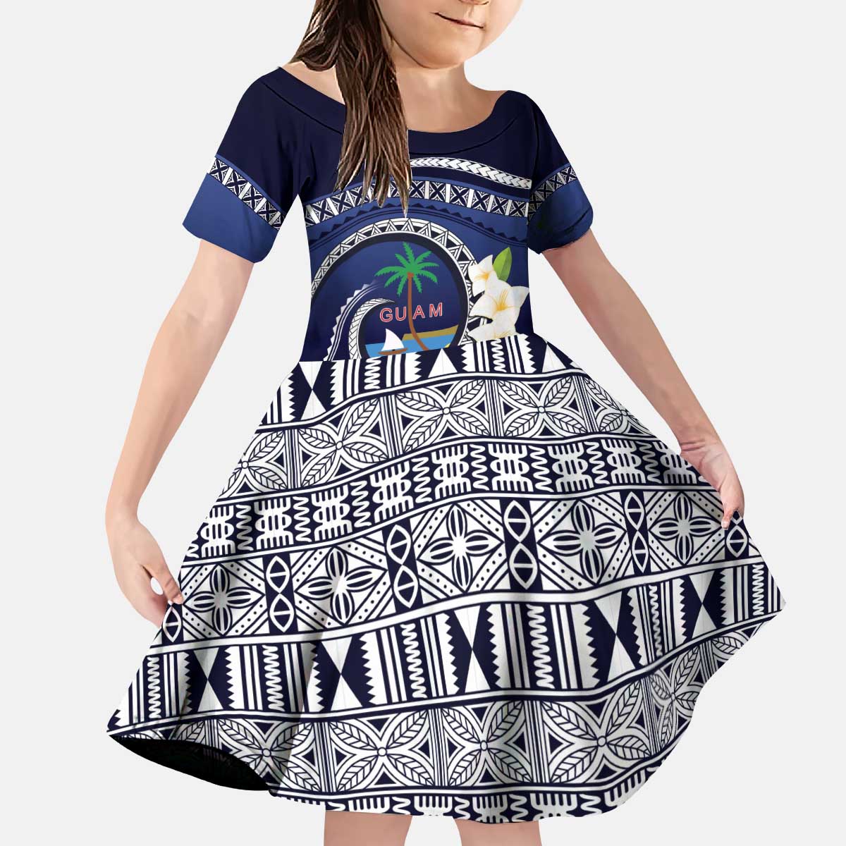 Hafai Adai Guam Guasalis Kid Short Sleeve Dress Polynesian Tribal Pattern LT9 KID Blue - Polynesian Pride