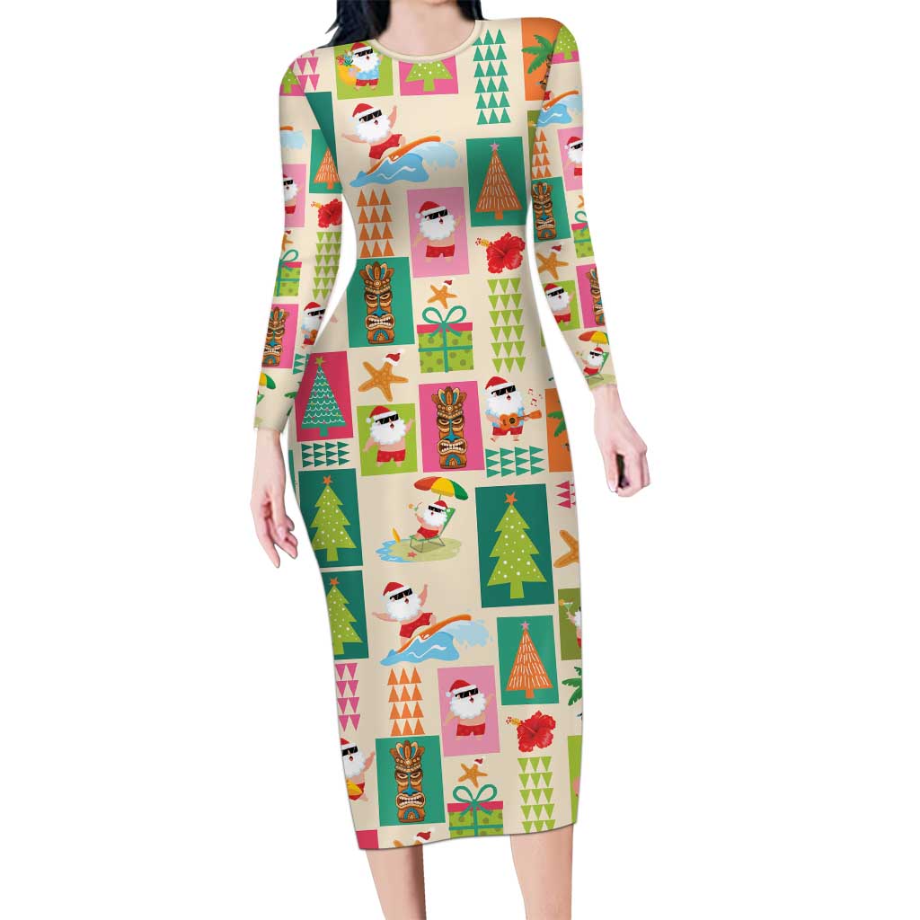 Mele Kalikimaka Hawaii Christmas Long Sleeve Bodycon Dress Funny Santan Hippie Style LT9 Long Dress Beige - Polynesian Pride