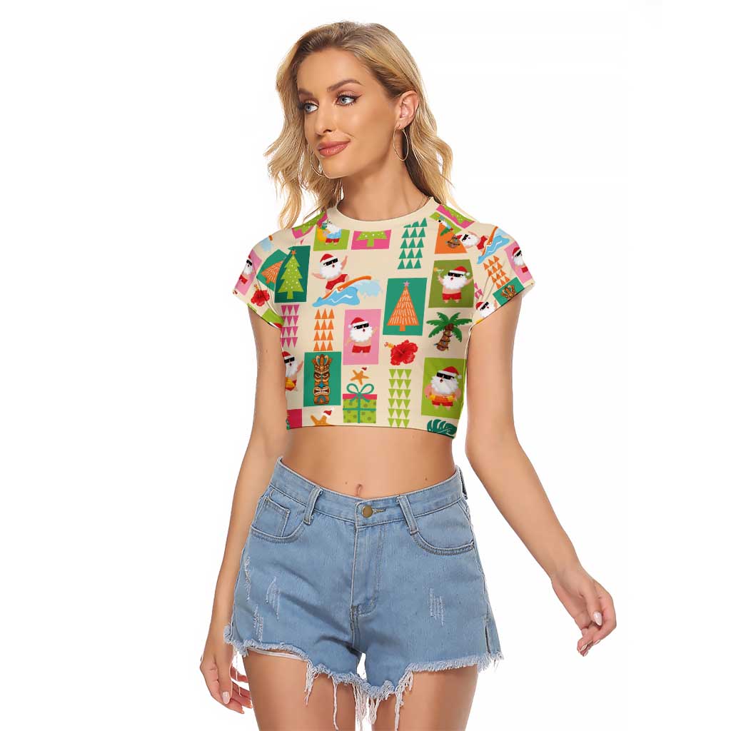 Mele Kalikimaka Hawaii Christmas Raglan Cropped T Shirt Funny Santan Hippie Style LT9 Female Beige - Polynesian Pride