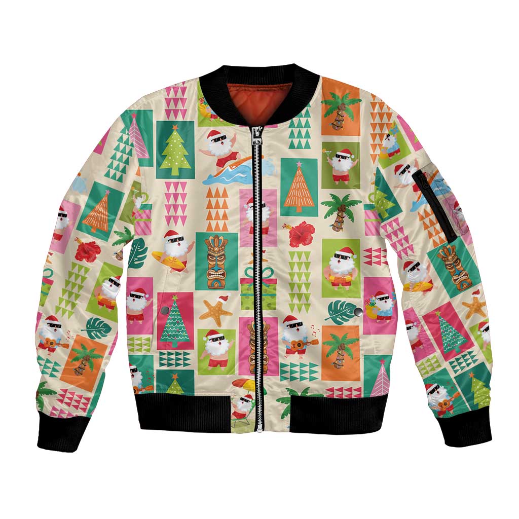 Mele Kalikimaka Hawaii Christmas Sleeve Zip Bomber Jacket Funny Santan Hippie Style LT9 Unisex Beige - Polynesian Pride