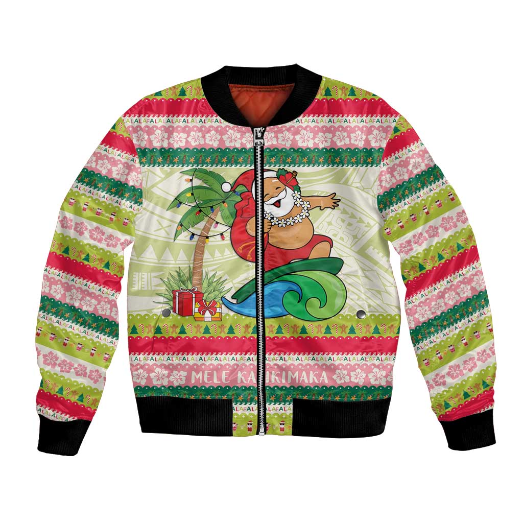 Mele Kalikimaka Hawaii Christmas Bomber Jacket Surfing Santa with Polynesian Tribal LT9 Unisex Green - Polynesian Pride