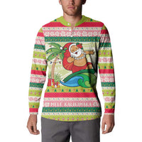 Mele Kalikimaka Hawaii Christmas Button Sweatshirt Surfing Santa with Polynesian Tribal LT9 - Polynesian Pride