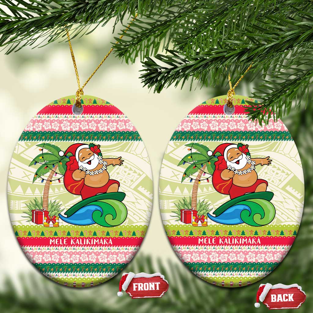 Mele Kalikimaka Hawaii Christmas Ceramic Ornament Surfing Santa with Polynesian Tribal LT9 Oval Green - Polynesian Pride