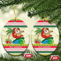 Mele Kalikimaka Hawaii Christmas Ceramic Ornament Surfing Santa with Polynesian Tribal LT9 Oval Green - Polynesian Pride