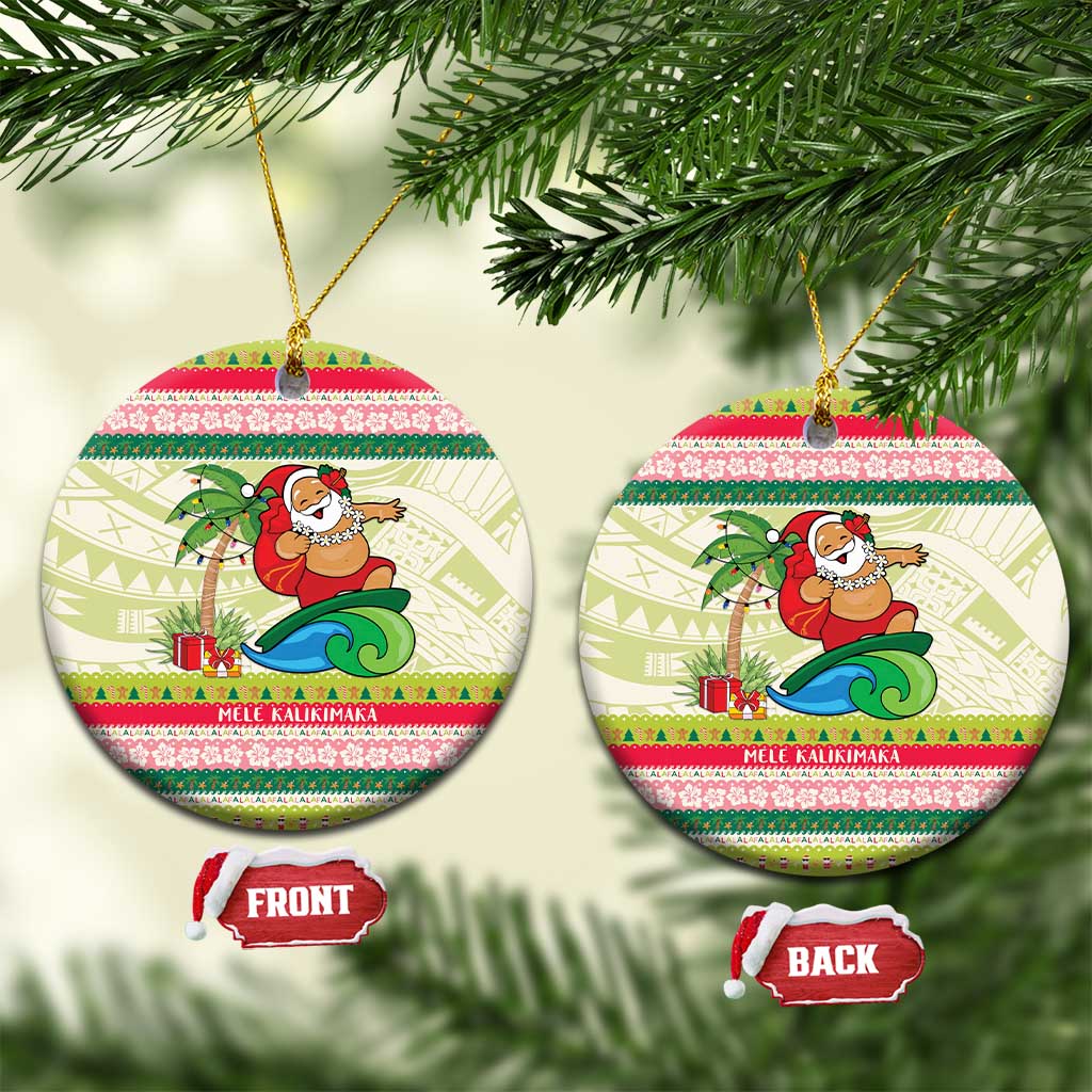 Mele Kalikimaka Hawaii Christmas Ceramic Ornament Surfing Santa with Polynesian Tribal LT9 Circle Green - Polynesian Pride