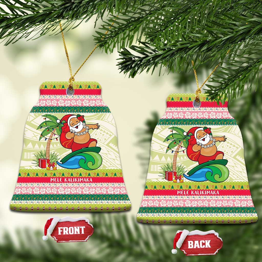 Mele Kalikimaka Hawaii Christmas Ceramic Ornament Surfing Santa with Polynesian Tribal LT9 Bell Flake Green - Polynesian Pride