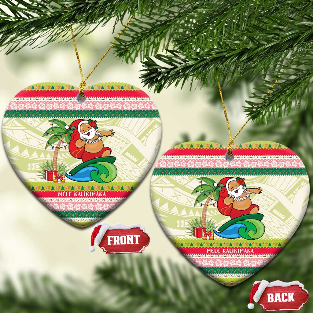 Mele Kalikimaka Hawaii Christmas Ceramic Ornament Surfing Santa with Polynesian Tribal LT9 Heart Green - Polynesian Pride